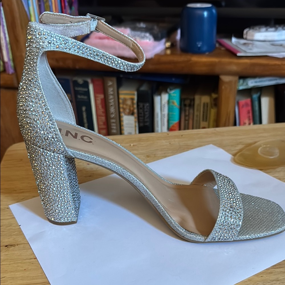 INC International Concepts Silver Rhinestone Ankle-Strap Block Heel Sandal